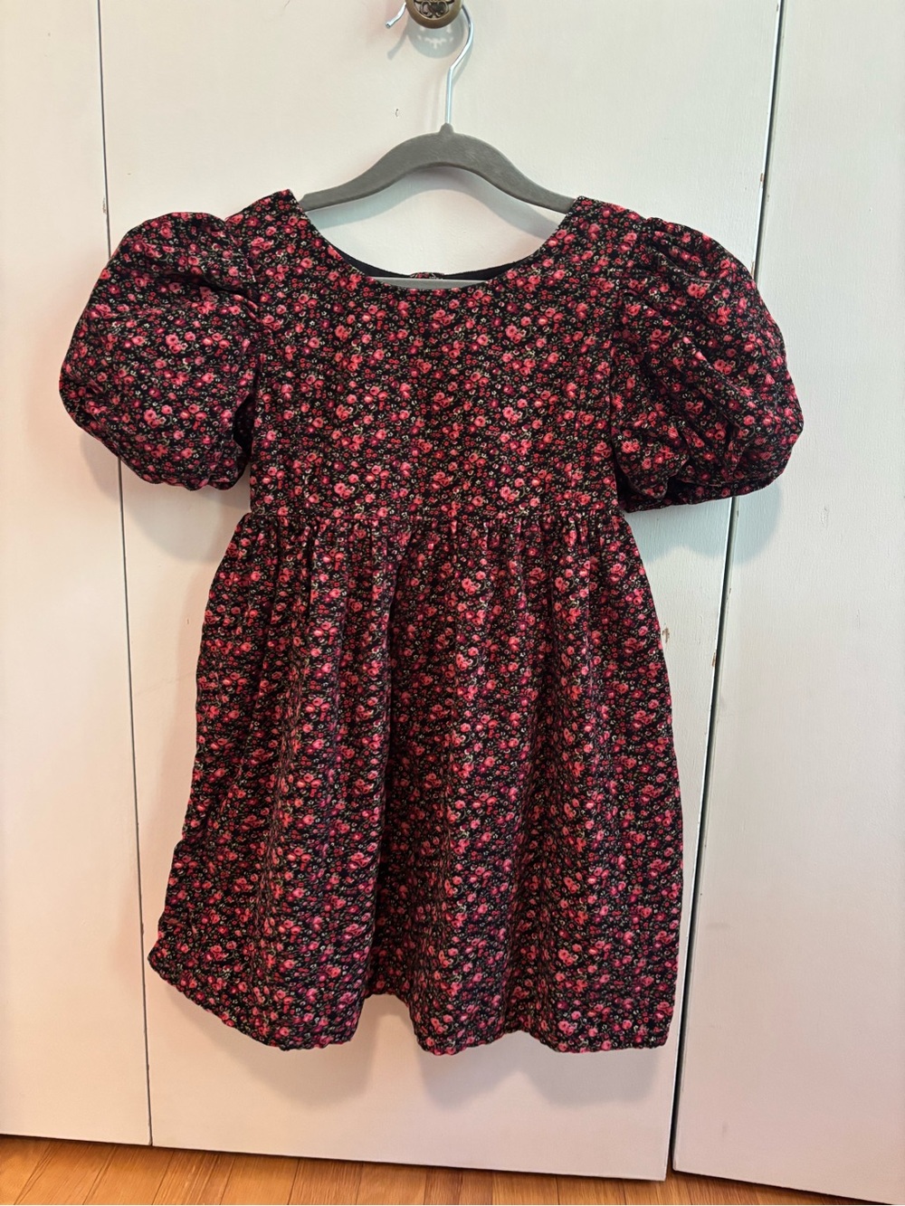 GAP Black Dress with Pink Floral Print and Puff Sleeves
